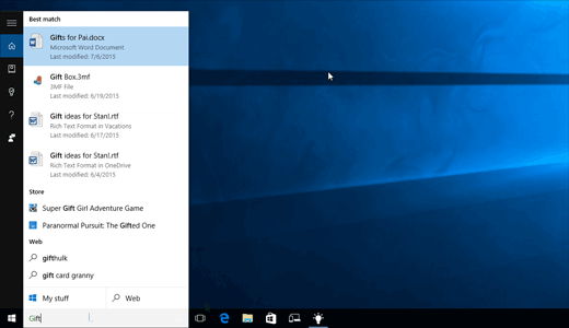 Cortana File Search in Windows 10