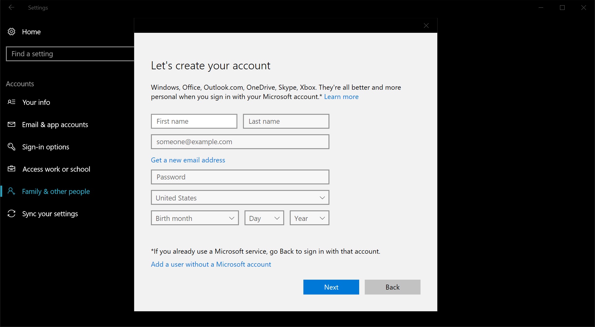 Create a local account on a Windows 10 PC