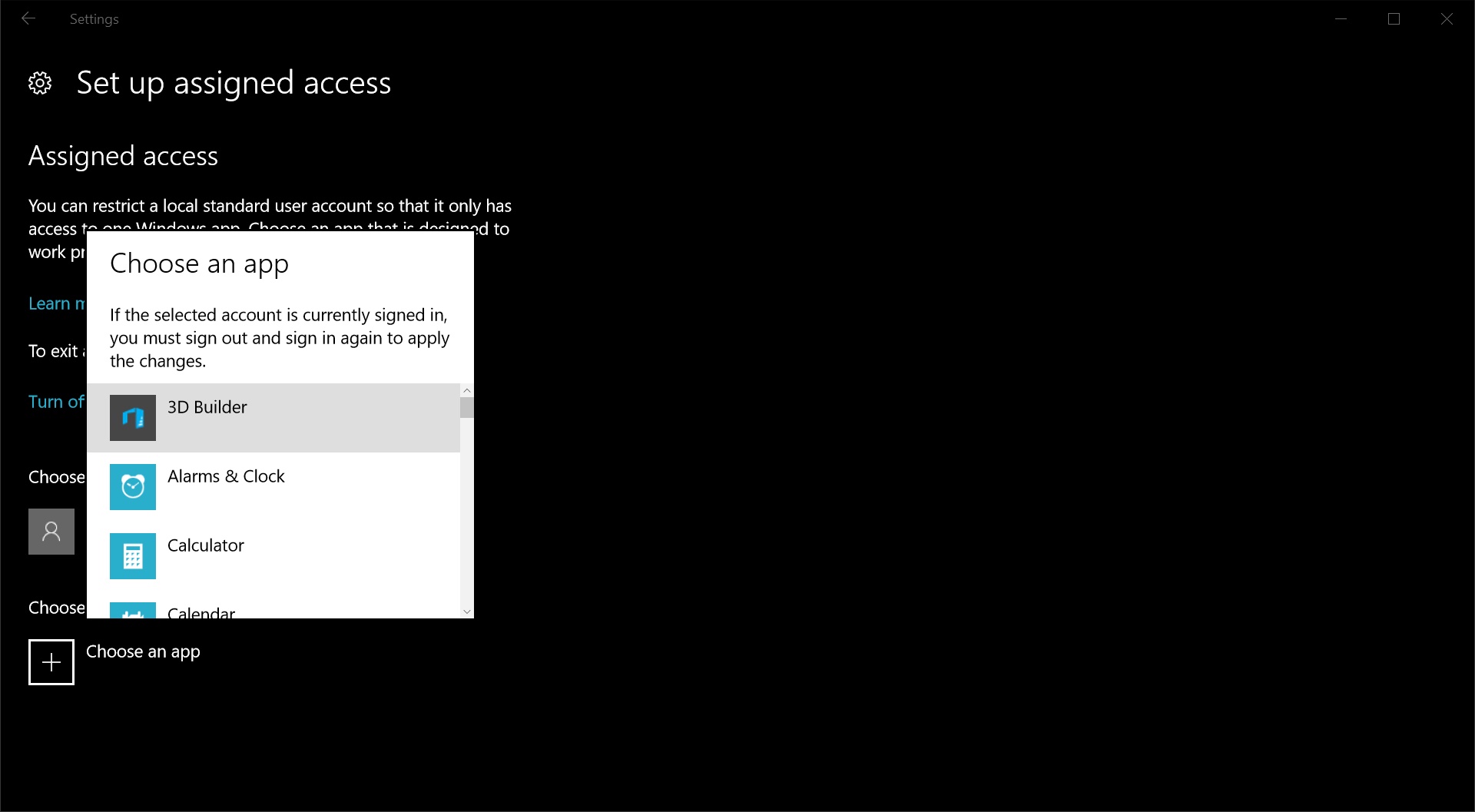 Choose an app for assigned access in windows 10