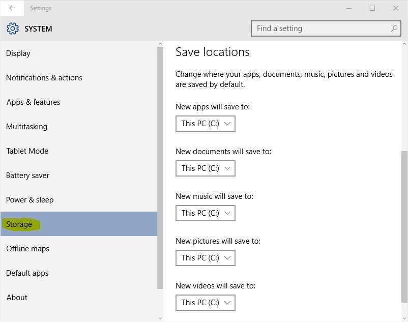 Microsoft Windows 10 - managing default storage locations