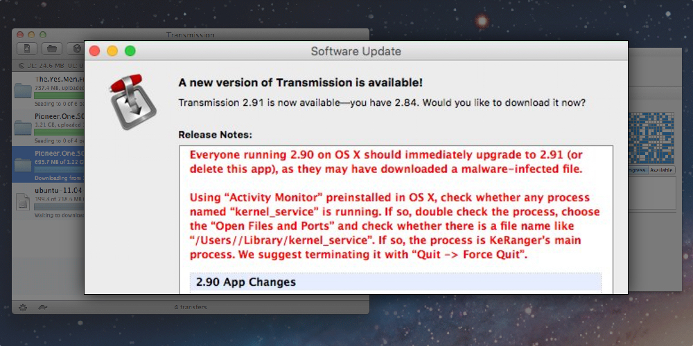 Transmission infected with KeRanger Mac ransomware