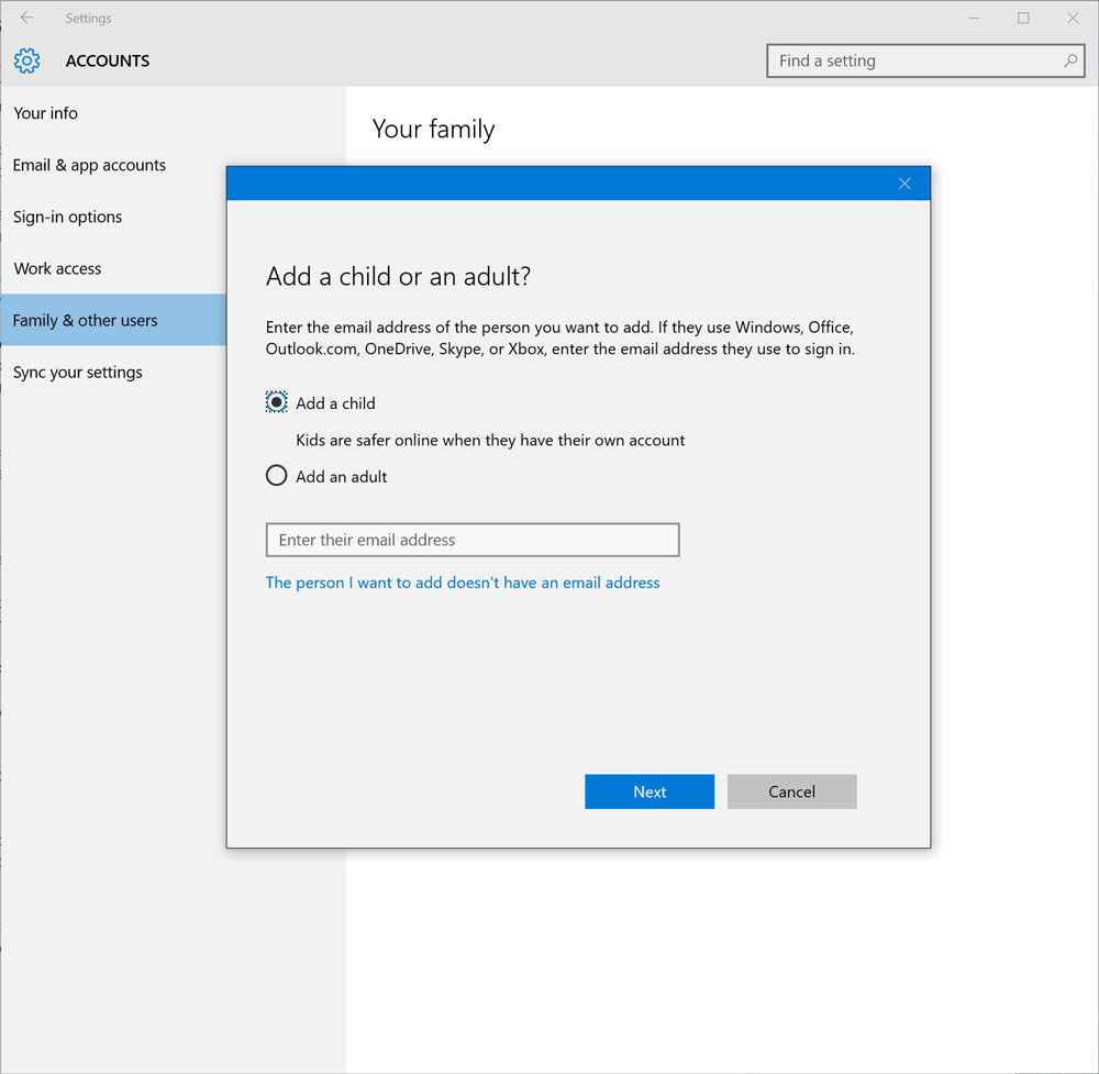 Create a new account in Windows 10