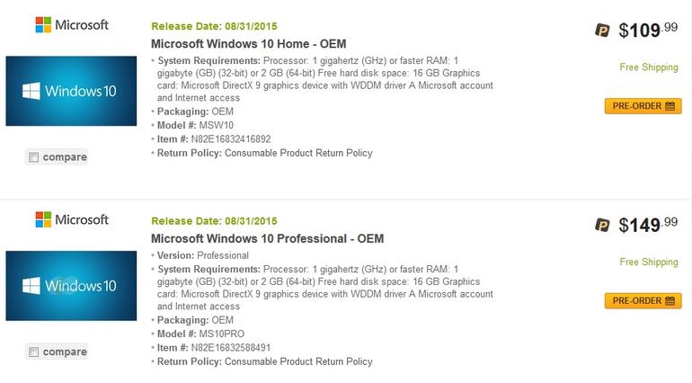 Microsoft Windows 10 OEM Pricing