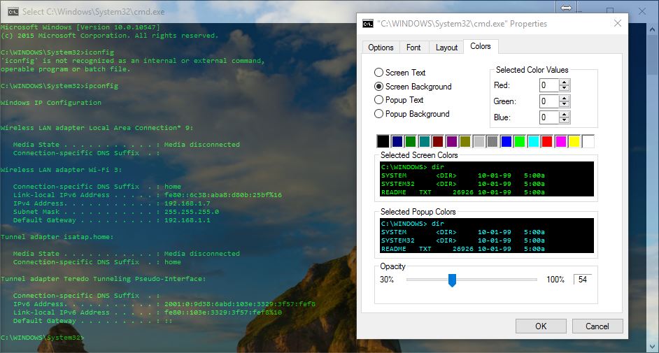 Windows 10 command prompt - Colors tab