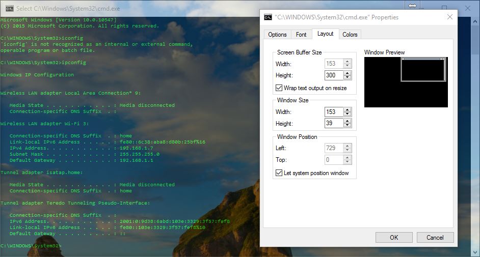 Windows 10 command prompt - font tab