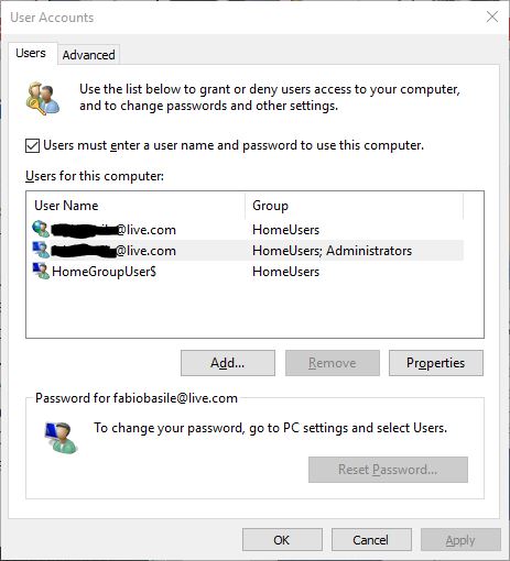 Disable login and password in Windows 10