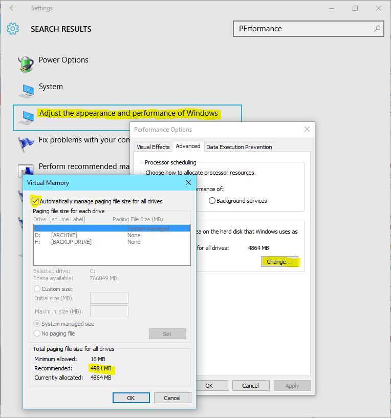 Manage memory paging file in Windows 10
