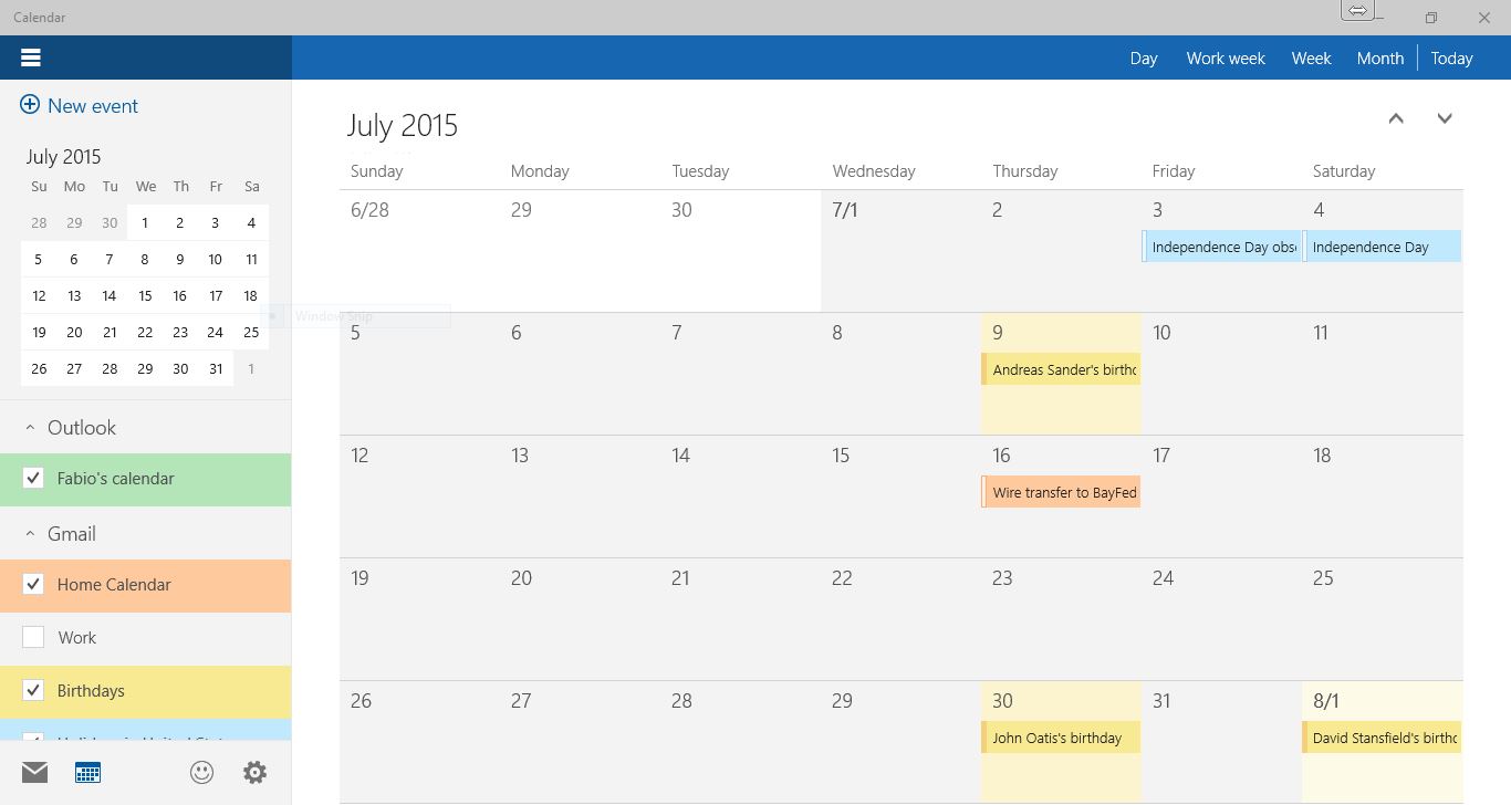 Windows 10 preview build 10061 Calendar app