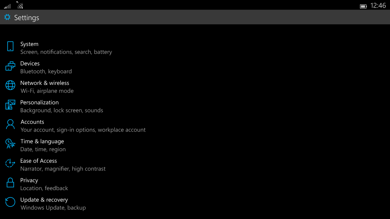 Windows 10 for small tablets, settings screen