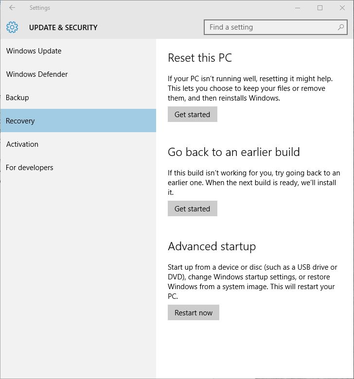 Microsoft Windows 10 Recovery settings
