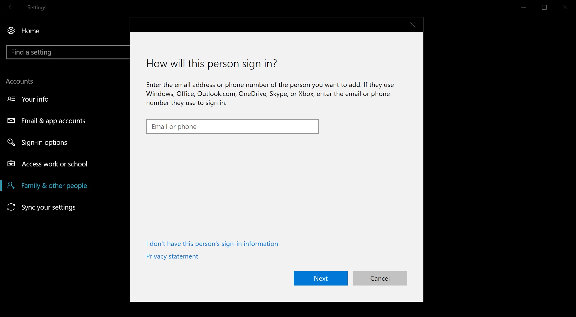 Set up a new account on a Windows 10 PC