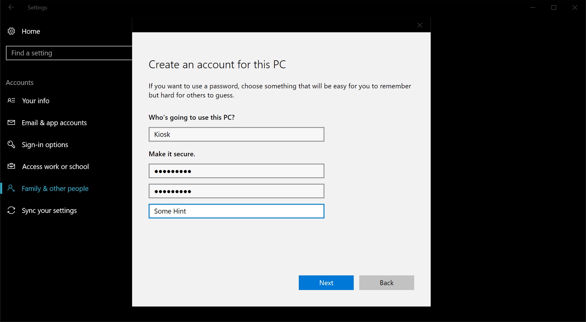 Create an account on this Windows 10 PC