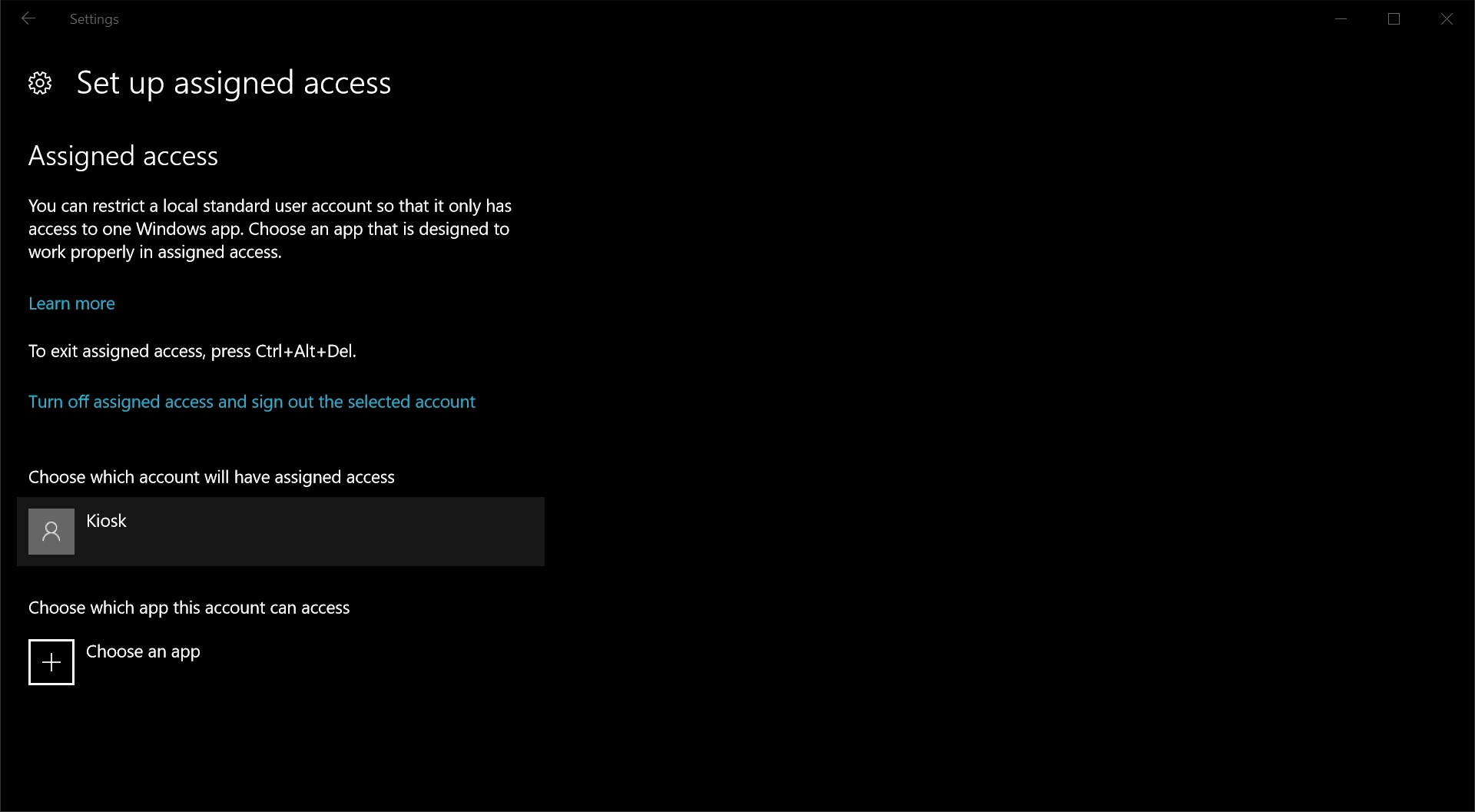 Select local account to set up assigned access in Windows 10