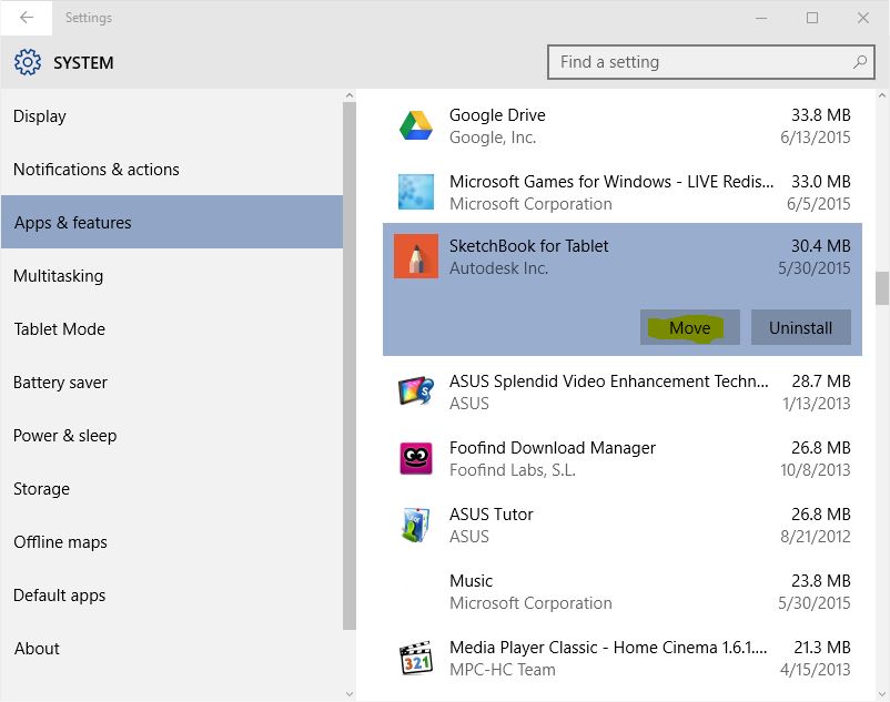 Microsoft Windows 10 - move installed apps to another drive