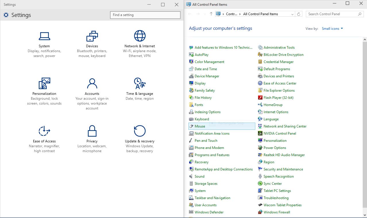 Microsoft Windows 10 Settings versus Control Panel