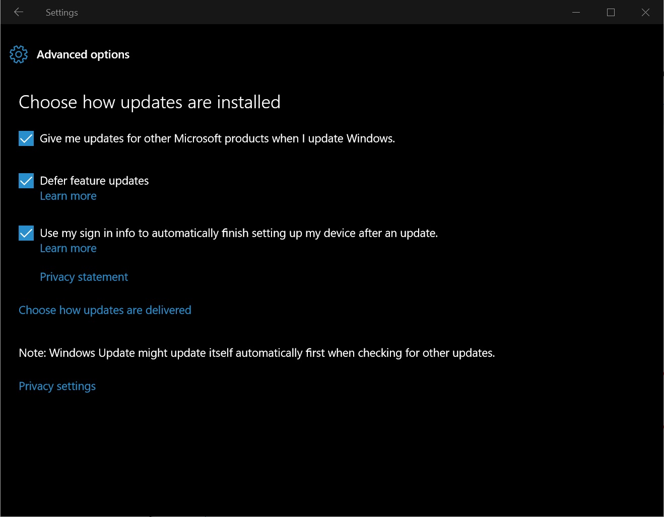 Windows 10 update advanced options